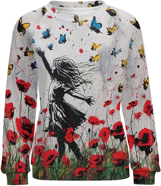 Long Sleeve Shirts for Women Cat Oil Painting Shirt 3D Graphic Sweatshirts Fall Pullover Crewneck Vintage Boho Tops