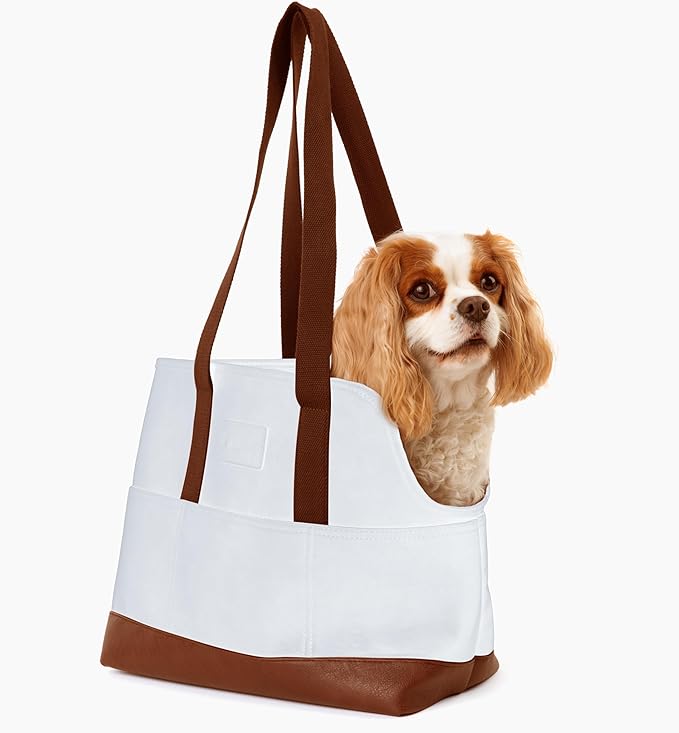 Luxury Dog Purse Carrier - White Faux Leather Pet Carrier, Secure Harness Clip, Tote Bag for Small Dogs and Puppies