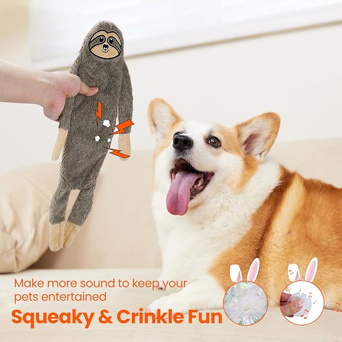 HGB No Stuffing Dog Toys for Aggressive Chewers, Squeaky Crinkle Plush Dog Toys to Keep Them Busy & Puppy Teething for Small, Medium, Large Breed, Cute Bunny & Sloth