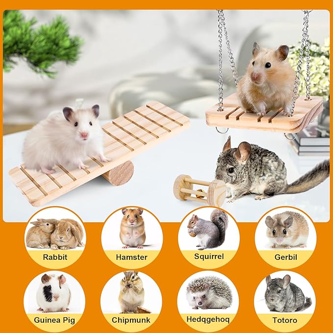 VESPRO Hamster Toys Set, Guinea Pig Toys Small Animal Chewing Toy and Rat Cage Accessories, Chinchillas, Gerbils, Rats, Rabbit Rodents Teeth Care, Apple Wood Timothy Hay Mouse Toy Swing Seesaw Bridge