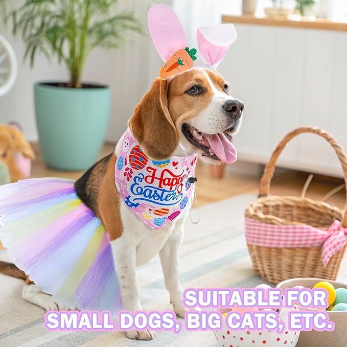 SCENEREAL Easter Dog Bandana Outfit with Cute Bunny Ears Headband and Tutu Dress, Puppy Holiday Costume Accessory, Pink Eggs Rabbit Prints Scarf Pet Birthday Party Supplies for Small Medium Dogs Cats