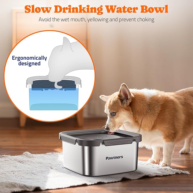 Pawtners Dog Water Bowl No Spill, 152oz/4.5L Stainless Steel Dog Floating Bowl, Slow Water Bowl for Dog with Filter, Non-Slip Base, No Splash Water Bowl for Medium Large Messy Drinkers Grey