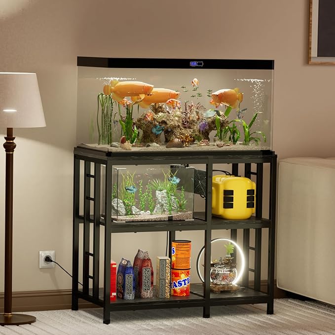Reinforced 40-50 Gallon Aquarium Stand with Power Outlet | Ultra-Stable 750LBS Capacity Metal Fish Tank Stand for Reptile/Aquatic Setups, 5-Tier Adjustable 37"x19" Steel Shelving System