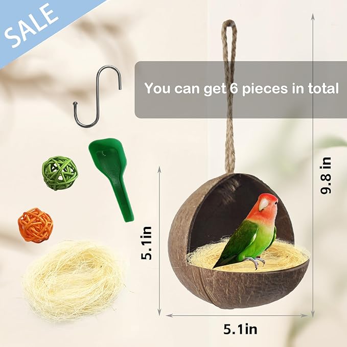 kathson Natural Coconut Shell Bird Nest,Hanging Coconut for Birds Parakeet Coconut Hut Coco Shell Bird House Cage Accessories Decoration for Parrots Lovebird Parakeets Finch Canary