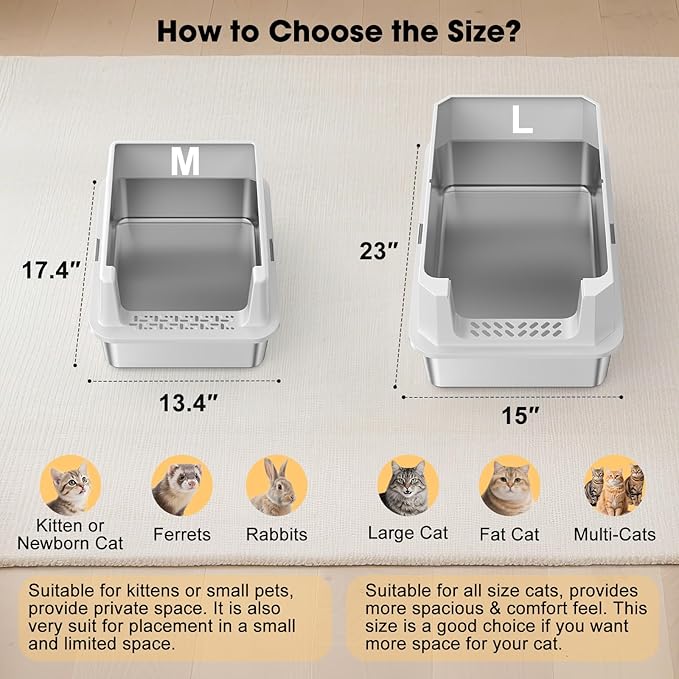 FURTIME Stainless Steel Litter Box with Lid, Large Metal Cat Litter Box for Big Cat, Large Cat Box High Sided with Non-Stick, Odor-Resistant, Anti-Urine Leakage, Easy Cleaning, Includes Scoop and Mat