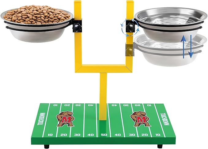 NCAA Maryland Terrapins Goalpost Football Field Dog Feeder – Adjustable Elevated Dog Bowls with Stand, 2 Stainless Steel Bowls, Non-Slip Rubber Feet, Raised Pet Feeder for Large & Small Dogs