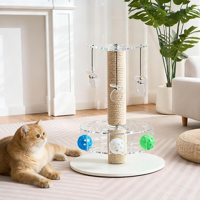 Modern 3-in-1 Interactive Cat Toy with Scratching Post, Rotating Cat Puzzle Toys for Indoor Cats with Colorful Jingle Balls, Spinning Teaser Disc with Dangling Toys, Acrylic, White