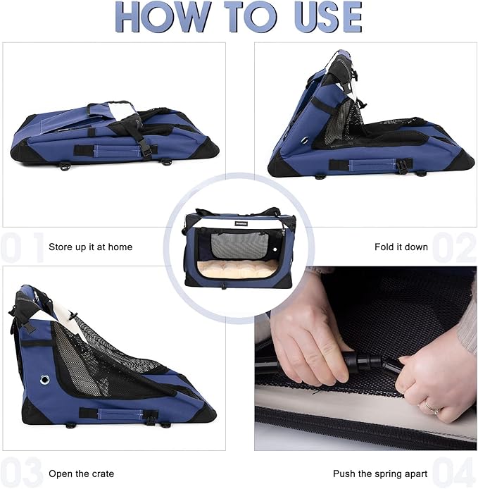 Collapsible Dog Travel Crate,Portable Soft-Sided Pet Carrier Extra Large Cat Carrier with Soft Plush Plush Mat for Indoor and Outdoor,28x20x20in,Navy Blue