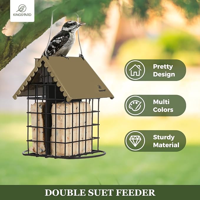 Kingsyard Double Suet Bird Feeder with Weatherproof Roof & Perch, All Metal, Suet Cakes Cage Bird Feeder for Outdoors Hanging, Easy to Clean & Refill, Brown