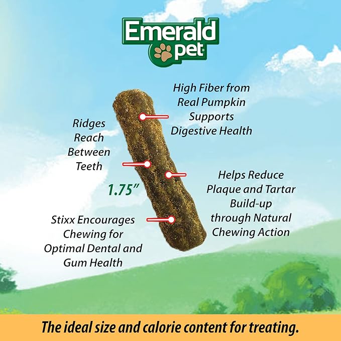 Emerald Pet Feline Dental Stixx — Tasty and Crunchy Cat Dental Sticks with Pumpkin for Digestive Health — Natural Grain Free Dental Treats for Clean Cat Teeth and Fresh Breath — Salmon Stixx, 3.6 oz
