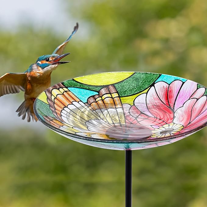 MUMTOP Glass Bird Baths for Outdoors-Outdoor Bird Bath Bowl - Butterfly and Flower Birdbaths Yard Stake, Bird Feeders for Outside, Garden, Patio, Lawn Decor