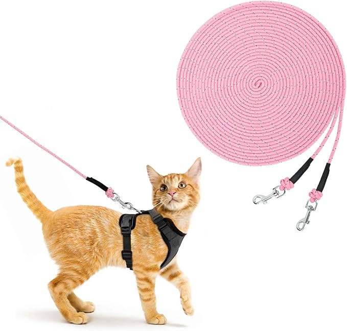 Rypet Reflective Cat Long Leash - 50 FT Escape Proof Walking Leads Yard Long Lead Durable Safe Personalized Extender Leash Traning Play Outdoor for Kitten, Puppy, Rabbit and Small Animals(Pink-L)