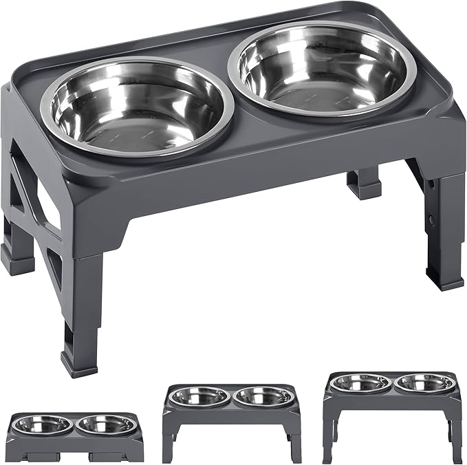 Hubulk Elevated Dog Bowls with 2 Stainless Steel Dog Food & Water Raised Bowls with No Spill Edge Non-Slip Stand Adjusts to 3 Heights(2.75", 6.0", 7.5") for Small Medium Dogs and Pet