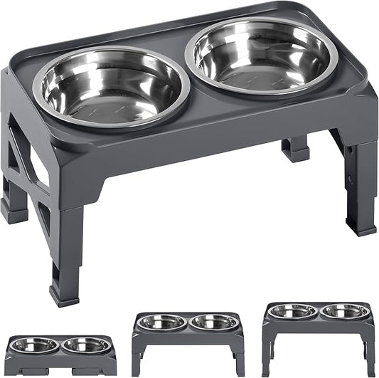 Hubulk Elevated Dog Bowls with 2 Stainless Steel Dog Food & Water Raised Bowls with No Spill Edge Non-Slip Stand Adjusts to 3 Heights(2.75", 6.0", 7.5") for Small Medium Dogs and Pet