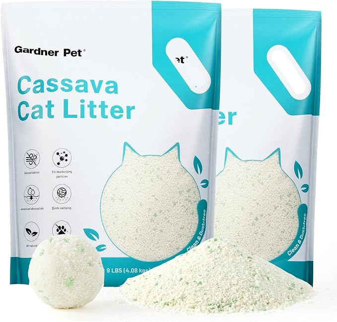 Gardner Pet Cassava Cat Litter, Clumping Cat Litter with Odor Control, Low Dust, Natural Plant-Based Litter, Fast Absorption & Low Tracking Kitty Litter, Unscented with Deodorizing Pellets (9LBS*2)
