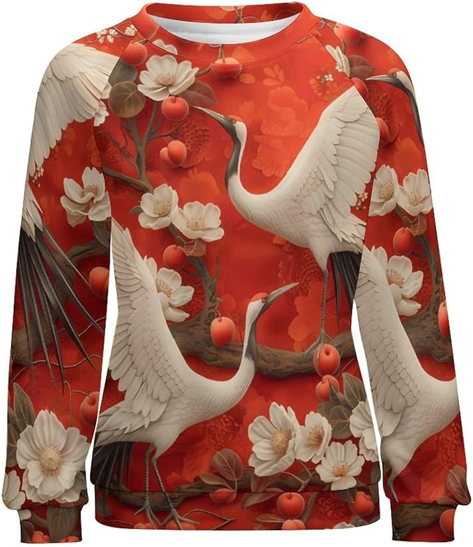 Womens Long Sleeve Tops Y2k Japanese Art Print Sweatshirts Fall Pullover for Women Crewneck Vintage Shirts Boho Tops