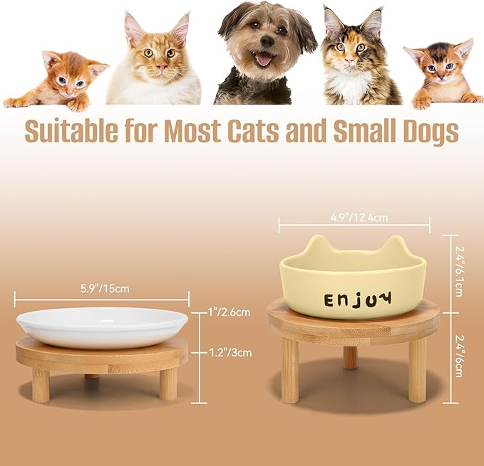 3PCS Elevated Cat Bowls,Wide Raised Ceramic Pet Dishes with Bamboo Stand, Whisker Friendly Pet Water or Food Plates Feeding Station for Indoor Small Dogs, Kitten (Yellow+White)