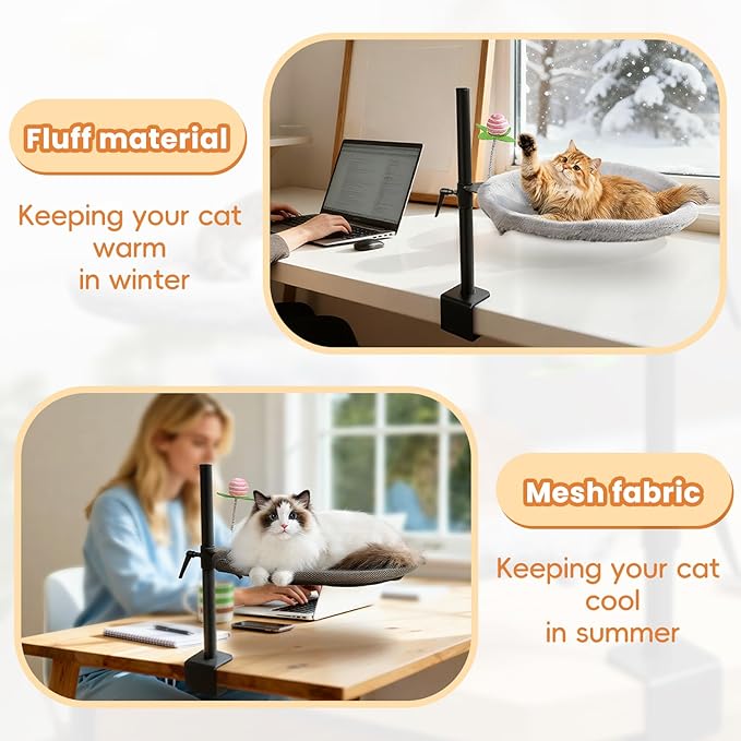 16-Inch Cat Desk Bed - 360° Rotating & Adjustable, Soft Faux Fur, Supports Up to 44lbs, Removable & Washable, Modern Indoor Cat Furniture for Office Desks, Gaming Tables & Island Tables (Round)