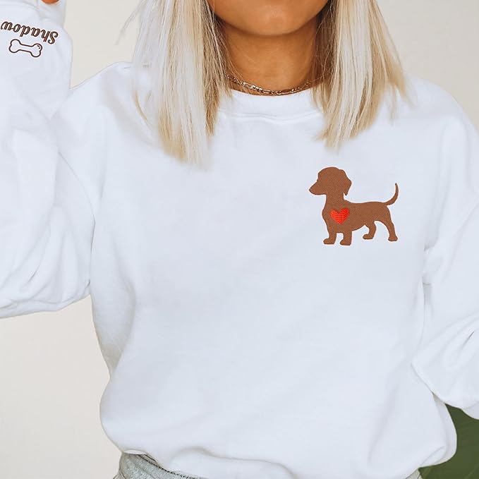 NAZENTI Embroidered Dachshund Sweatshirt with Dog Name on Sleeve, Personalized Valentines Dog Mom Shirt, Wiener Dog Gifts