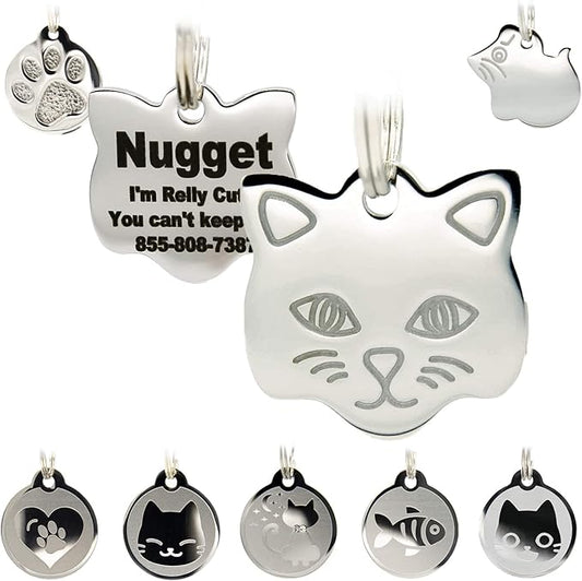 Stainless Steel Cat ID Tags - Engraved Personalized Tags with up to 4 Lines of Text, Cat Shape