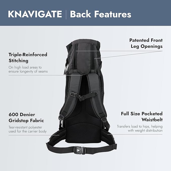 K9 Sport Sack Knavigate - X-Large, Midnight Black - Ideal for Dogs with 23-25” Back Length - Adjustable, Backpack-Style Carrier with Internal Frame & Padded Hip Belt