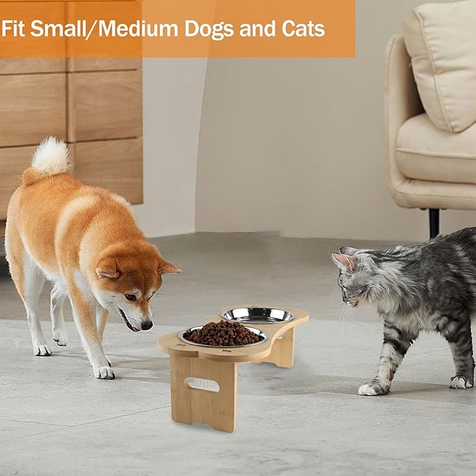 Elevated Dog Cat Bowls-2pack Stainless Steel Pet Food Water Bowls with Anti-Slip Bamboo Stand-Raised Dog Bowl for Small Dogs-Raised Cat Bowl Stand-Pet Feeding Station（4.7'' Height