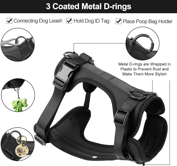 Wisedog No Pull Lightweight Dog Harness: Adjustable Breathable Mesh Pet Vest Harness with Soft & Comfortable Cushion, for Small Medium Large Dogs (Large, Black)