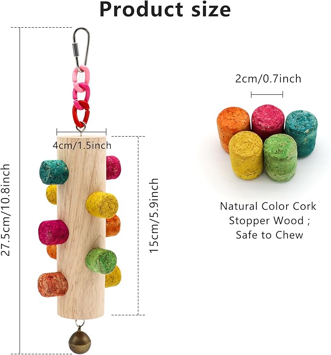 Cylinder Bird Chew Toy, Parrot Cork Stopper Toys Bird Swing Bell Hanging Wooden Puzzle Foraging Toys Small Bird Bite Perch Stand, Small and Medium Parrots (1 Pack-Cylinder Cork Stick)