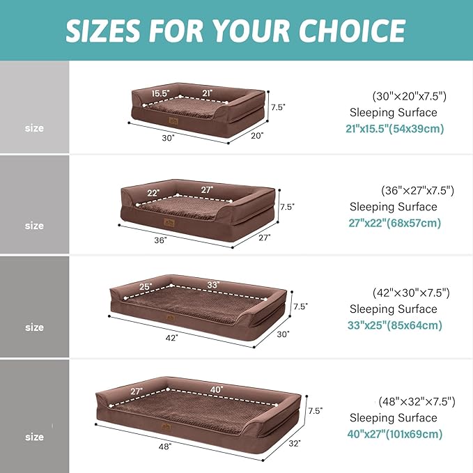 Orthopedic Dog Bed for Extra Large Dog, XL Pet Couch for XLarge Dog, Supportive Foam Bolster Sofa with Waterproof Lining Cover, Anti-Slip, Comfort, Washable, 42x30x7.5 in, U Shape, Brown