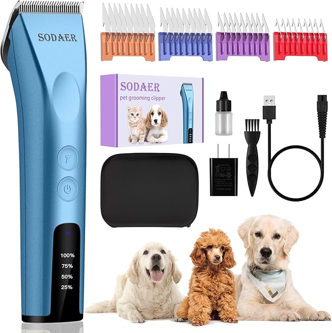 Professional Animal Pet Dog Cat and Horse Cordless Hair Clipper Grooming Kit with 5 in 1 Blade Low Noise & High Power Rechargeable Cordless Pet Grooming Clipper for for Thick Heavy Coats (Blue)