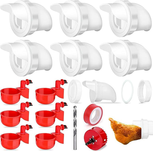 6 Pcs Chicken Feeder and 6 Pcs Water Cup Kit, Gravity Poultry Waterer Cup and Poultry Feeder Port Set with Hole Saw and Sealing Tape, Chicken Feeders No Waste for Duck Bird Quail