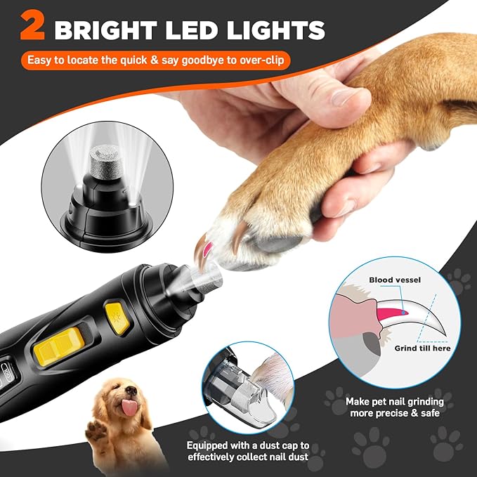 Dog Nail Grinder Quiet, Rechargeable Dog Nail Trimmers Dog Nail Clippers with 3 Grinding Wheels 3-Speed, Pet Nail Grinder Tool for Large Medium Small Dogs Cats with Thick Nail-Dark Black