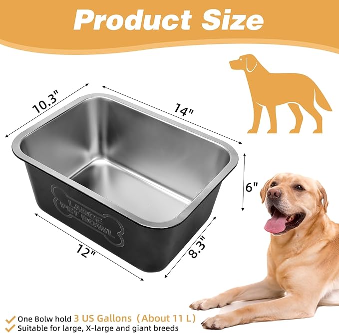 3 Gallons Large Dog Water Bowl, Stainless Steel Metal Dog Bowls, Large Capacity Pet Food Bowl Water Dish for Indoor and Outdoor Universal for Medium to Giant Dogs Black