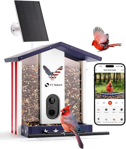TT Nature Bird Feeder with Camera, Solar Powered Smart Birdhouse Cam with Auto Capture & Bird Identify, Instant Real-time Notifications, 1080P Cam, Gift for Outdoor Birdwatching, Flag Style