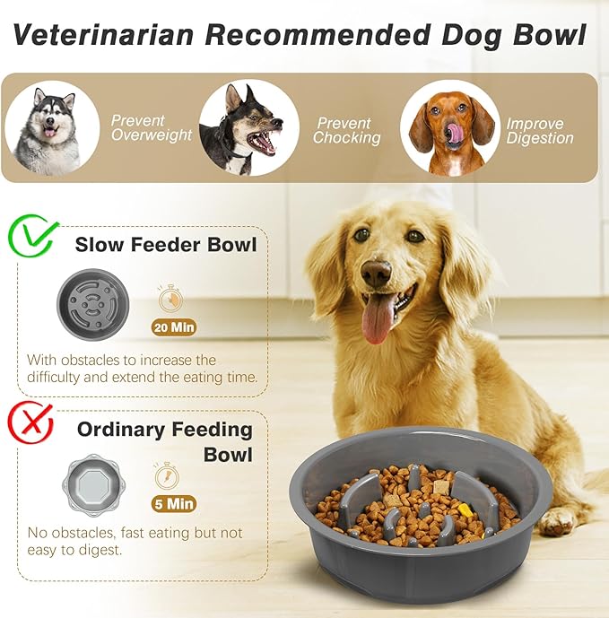 Lewondr Elevated Slow Feeder Bowls, Adjustable Dog Slow Feeder with 3 Heights (6.1", 7.7", 9.3") Non-Slip Stand for Medium Large Breed Dogs, Grey
