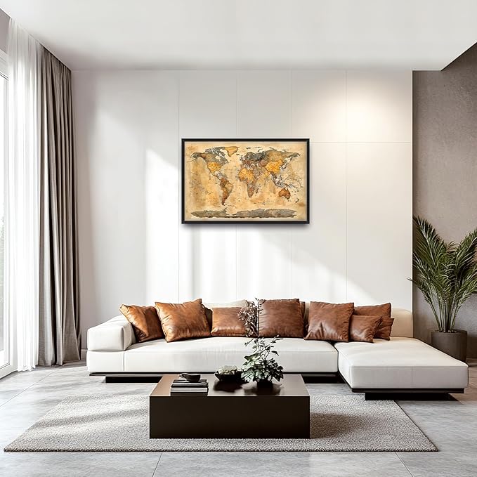 Extra Large World Map Framed Wall Art for Living Room,Oversized Vintage Map of The World Pictures Wall Decor,Canvas Print Painting Modern Artwork Bedroom Office Bathroom 36L" x 24W"