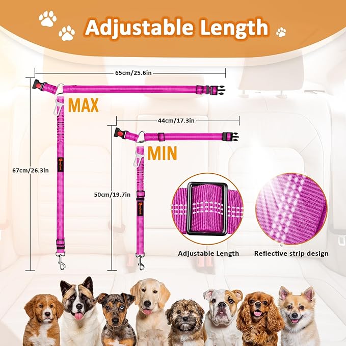 Removable Dog Seat Belt Harness for Car, 3 in 1 Pet Dog Car Seatbelt Leash, Retractable Restraint Secures to Vehicle Headrest & Adjustable Reflective Bungee Dog Seatbelt Tether, Rose and Black