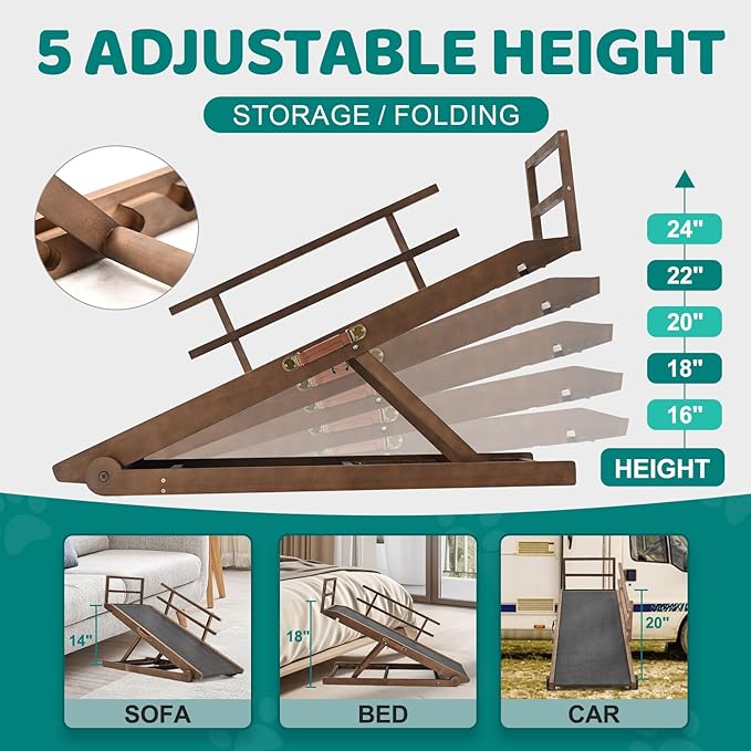 Dog Ramp for Bed, Adjustable Pet Ramps for Dog to Get on Bed, Non-Slip Rubber Surface - Folding Wooden Dog Ramp for Small/Large/Old Dogs, Adjustable up to 23.5 inch High Beds, Safety Railings