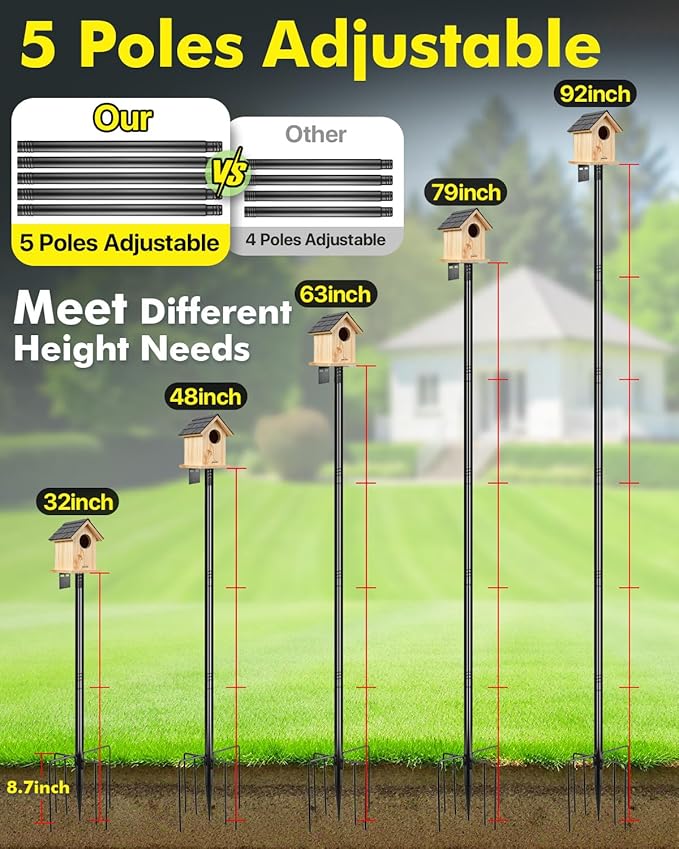 Smart Bird Feeder Pole Stand - 92 Inch Birdhouse Pole Heavy Duty Mounting Kits with 7 Prolong Base for Outdoor Adjustable Bird Feeding Station for WildBird Watching