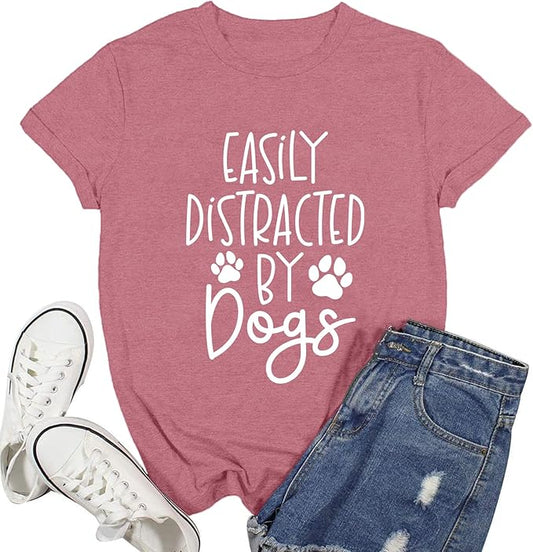 Women Dog Shirts Easily Distracted by Dogs T-Shirt Dog Mom Paw Print Tee Tops