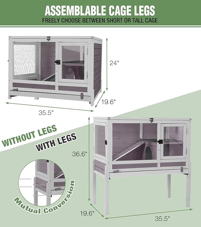 GUTINNEEN Guinea Pig Cage Rabbit Cage Indoor with Chew-Proof Edges, Clean Deep Tray, Leakproof PVC Layer, Small Animals Cage with Adjustable Legs - Grey