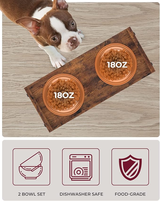 Vantic Elevated Dog Bowls, Adjustable Raised Dog Bowl Stand for Small Puppy and Cats, Sturdy Pet Food Feeder with 2 Stainless Steel Dishes, Rustic Brown