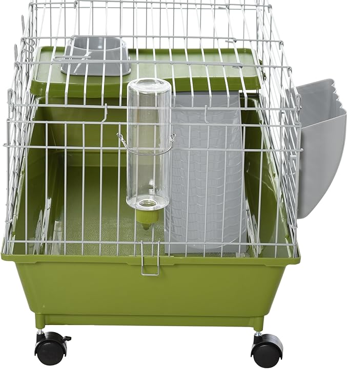 PawHut 35" L Small Animal Cage, Rolling Bunny Cage, Guinea Pig Cage with Food Dish, Water Bottle, Hay Feeder, Platform, Ramp for Chinchilla, Green