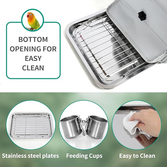 Bird Carrier Bag, Bird Travel Cage with Standing Perch and Indestructible Stainless Steel Mesh, Protable Transparent Breathable Carrier with Feeder Cups for Small Birds Parrot Parakeet, Grey