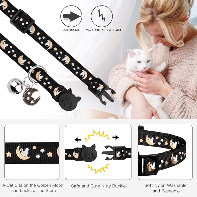 2Pcs Breakaway Cats Collars Cat Collars for Boy Cats Moons Adjustable Kitten Collars with Bell & Pendant Glow in The Dark,Black+Blue