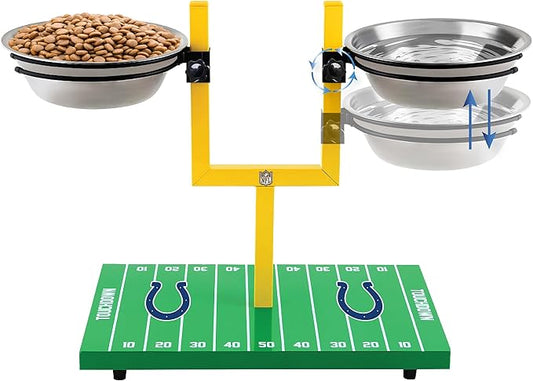 NFL Indianapolis Colts Goalpost Football Field Dog Feeder – Adjustable Elevated Dog Bowls with Stand, 2 Stainless Steel Bowls, Non-Slip Rubber Feet, Raised Pet Feeder for Large & Small Dogs, Cats.