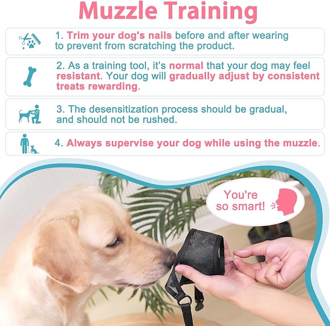 LUCKYPAW Dog Muzzle, Mesh Muzzle for Large Medium Small Dogs, Soft Mouth Guard for Biting Chewing, Breathable Mouth Cover with Adjustable Hook and Loop for Training, Grooming(Black, S)