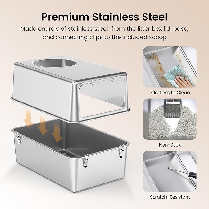 Enclosed Stainless Steel Litter Box with Lid, Enclosed Metal with High Sides, Large Cat Litter Box, Dog-Proof, Odor Control, Easy to Clean,Durable with Round Edge (Front Entry)