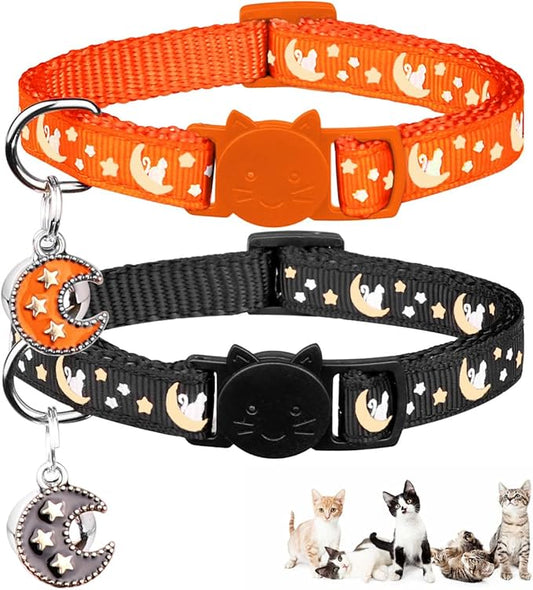 2Pcs Breakaway Cats Collars Cat Collars for Boy & Girl Cats Adjustable Kitten Collars with Bell,Black+Tangerine,8"-13.1"