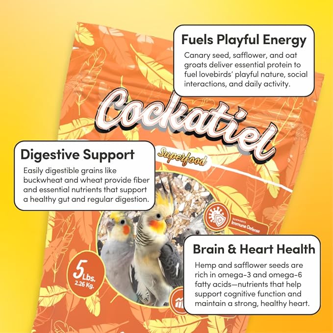 Mycelium Organic Cockatiel Superfood Bird Seed (5 LBS) | Premium Bird Food for Cockatiels & Small Parrots | Supports Immunity, Digestion & Development | Non-GMO, No Fillers, Made in USA